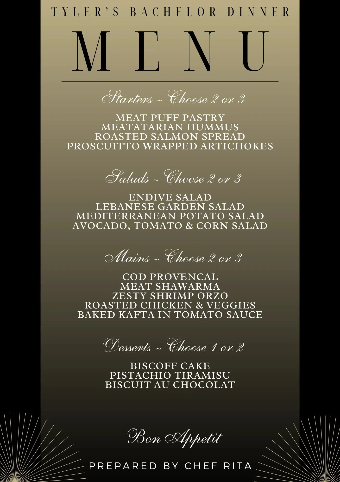 Bachelor Dinner menu