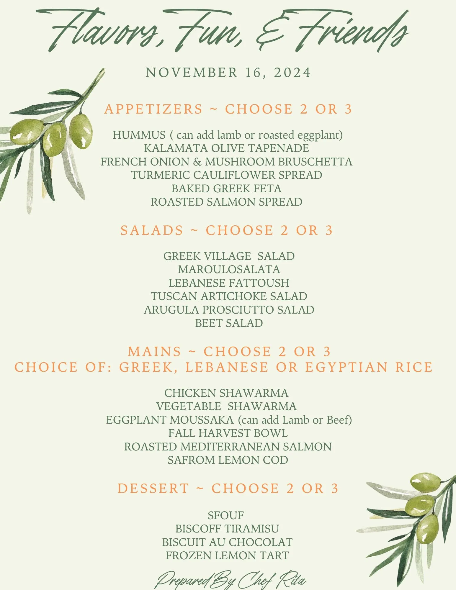 Private dinner menu