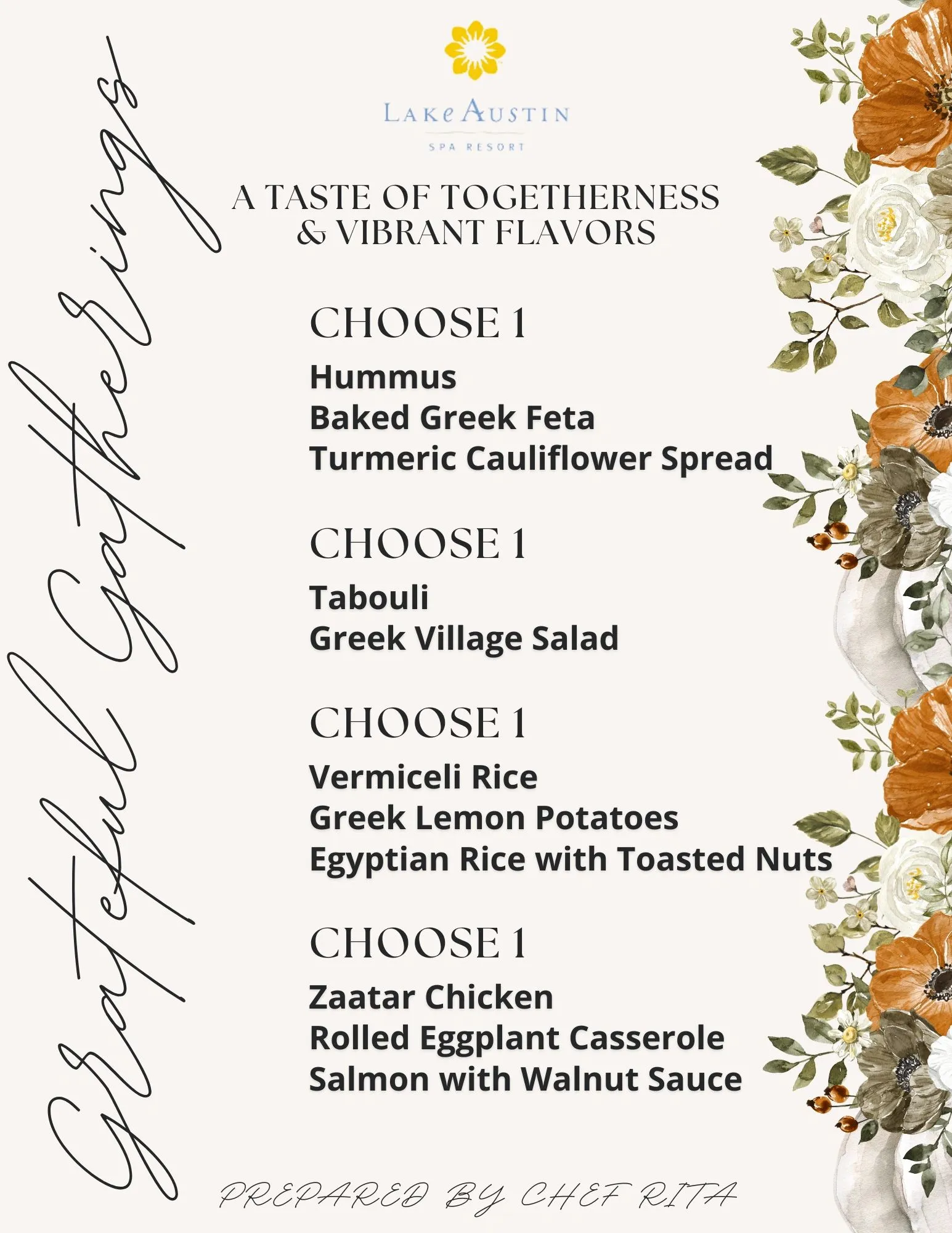 Grateful Gatherings menu